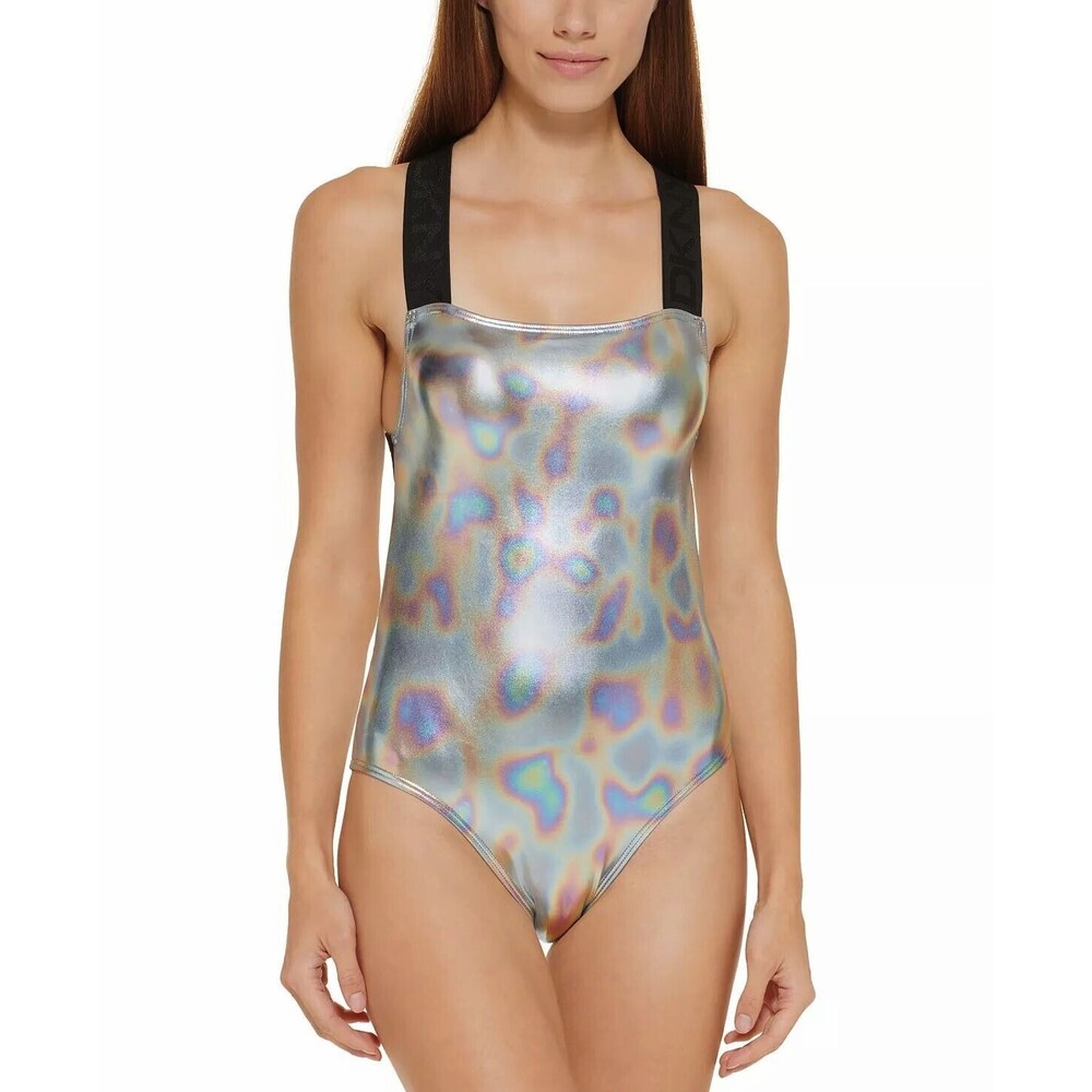 NWT DKNY DONNA KARAN New York S metallic iridescent swimsuit oil slick silver